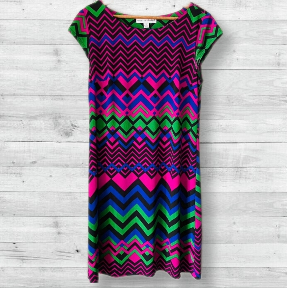 Madison Leigh Dress Multicolor Chevron Geometric Stretch Black Pink D9
